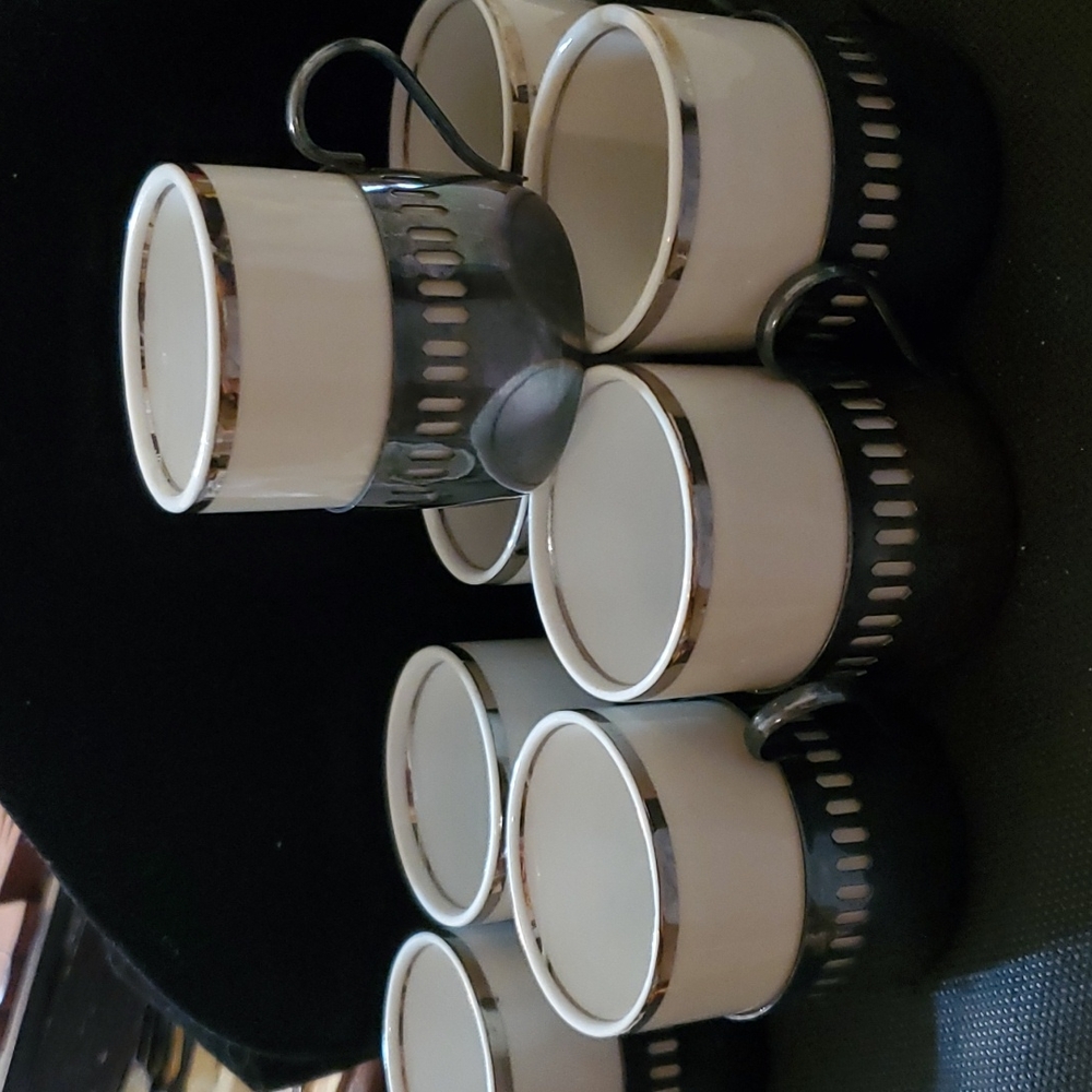 BELLINI SILVER PLATE PORCELAIN ESPRESSO COFFEE CUPS. BRASILIA